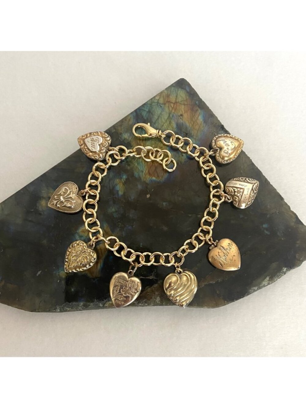 VTG Vermeil Sterling Silver 925 Engraved Repousse Heart GF Charm Bracelet 8"
